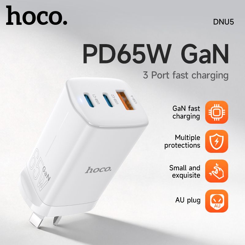 hoco. DNU5 Power GaN PD65W three-port(2C1A) charger(AU) With Smart IC - White