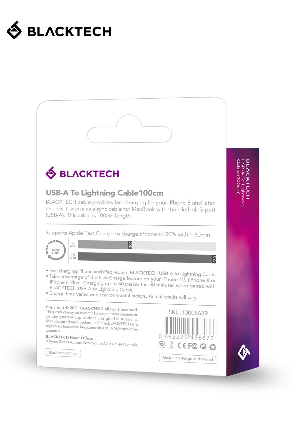 BLACKTECH USB-A To Lightning Fast Charging Cable 200cm - White