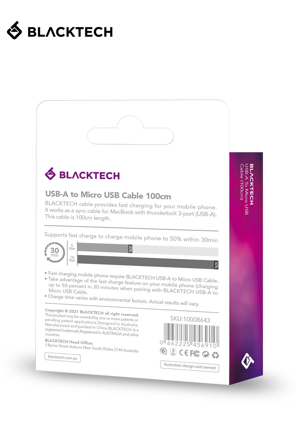BLACKTECH USB-A To MICRO-USB Fast Charging Cable 100cm - White