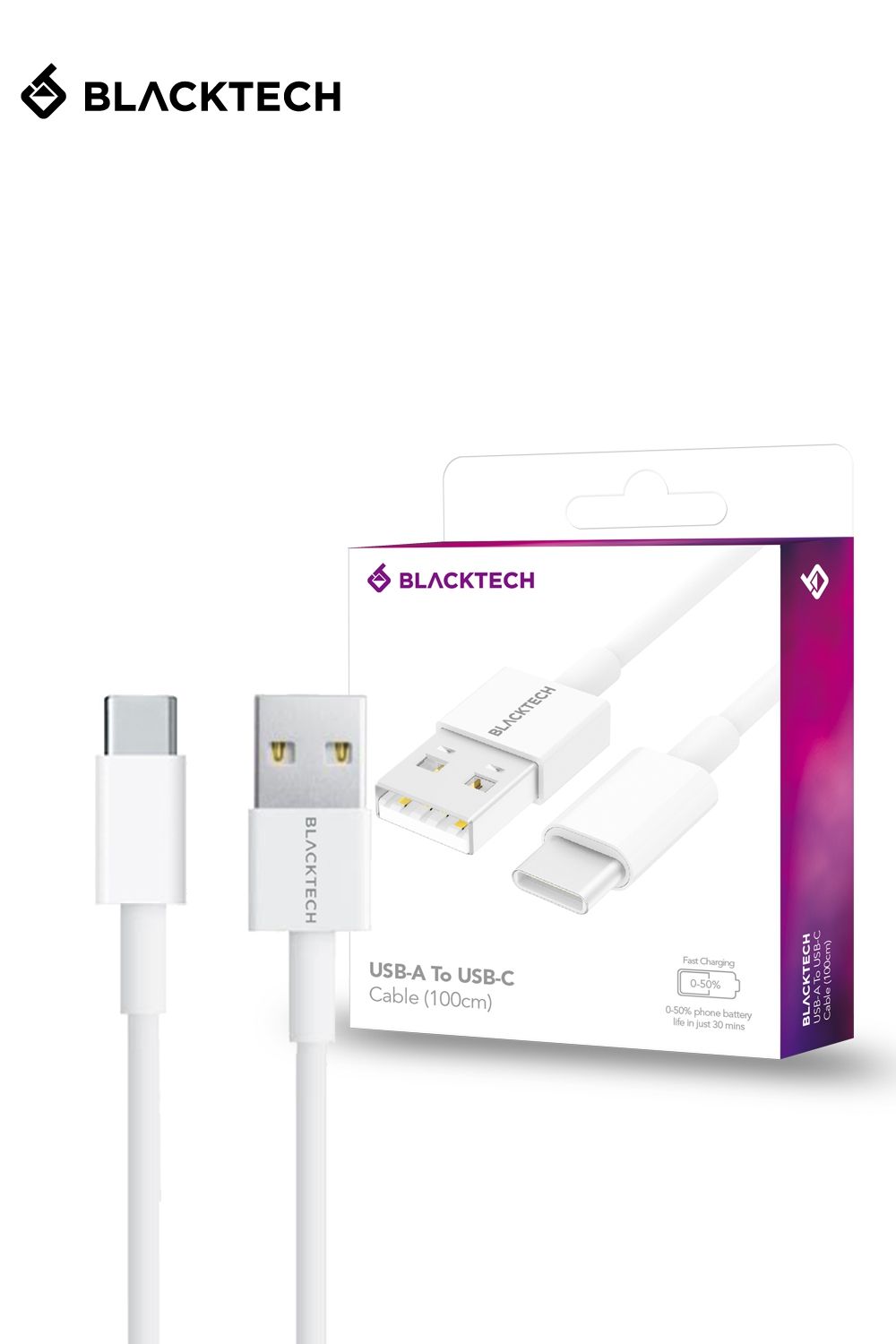 BLACKTECH USB-A To USB-C Fast Charging Cable 100cm - White
