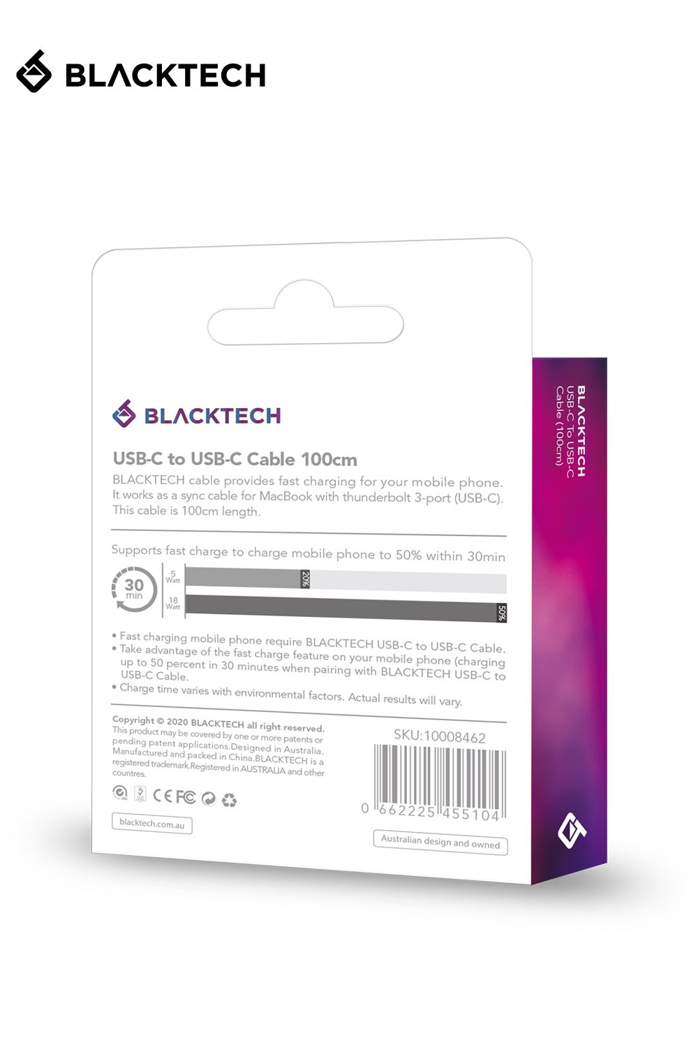 BLACKTECH USB-C To USB-C 65W Fast Charging Cable 100cm - White