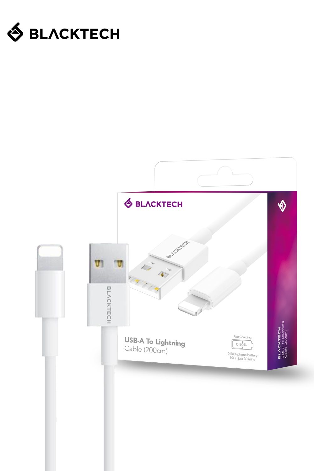 BLACKTECH USB-A To Lightning Fast Charging Cable 200cm - White