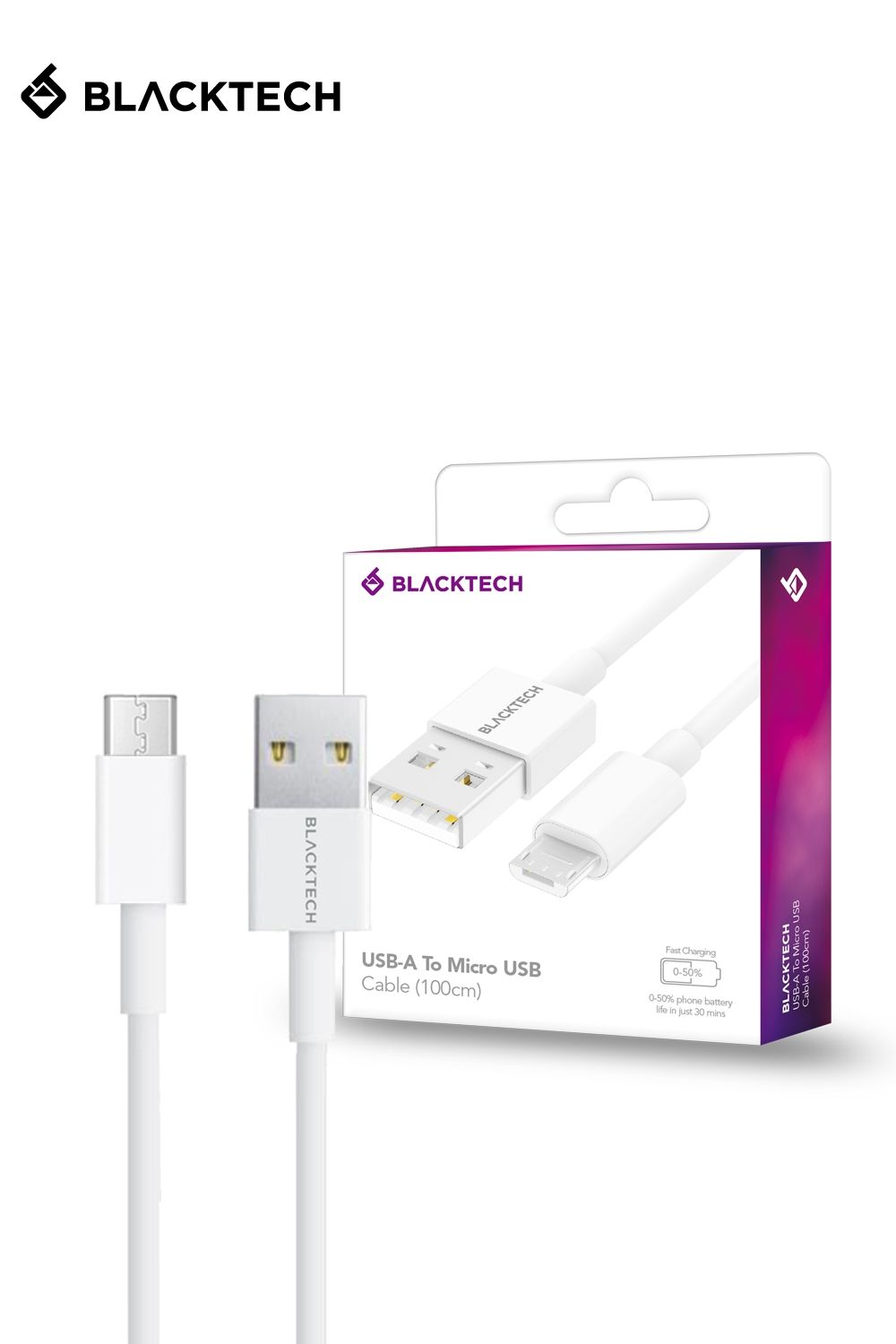 BLACKTECH USB-A To MICRO-USB Fast Charging Cable 100cm - White
