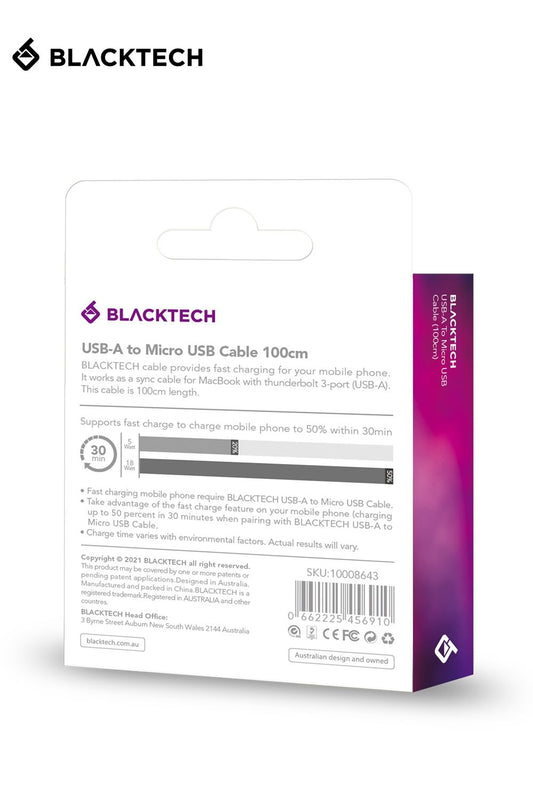 BLACKTECH USB-A To MICRO-USB Fast Charging Cable 200cm - White