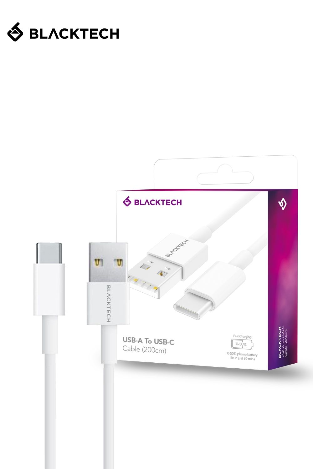 BLACKTECH USB-A To USB-C Fast Charging Cable 200cm - White