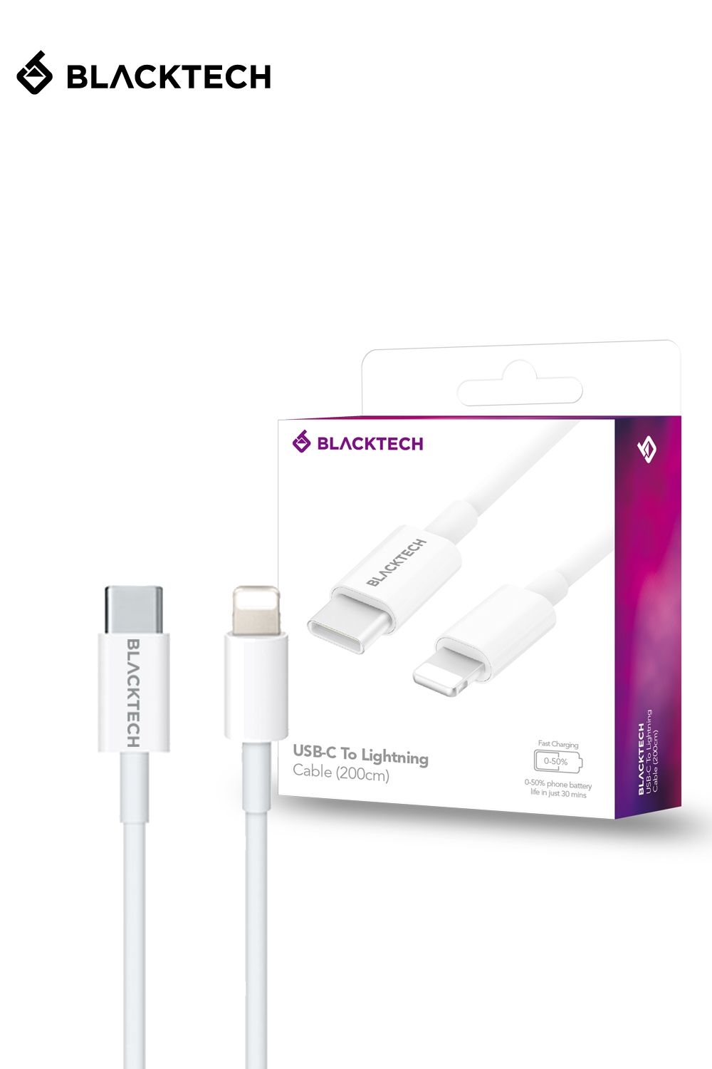 BLACKTECH USB-C To Lightning PD Fast Charging Cable 200cm - White