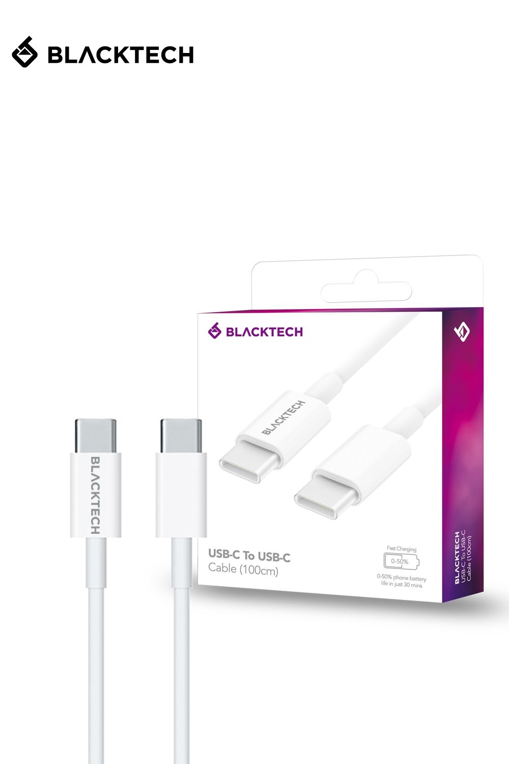 BLACKTECH USB-C To USB-C 65W Fast Charging Cable 100cm - White